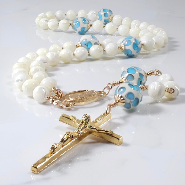 Little Blue Flower Pearl Rosary, Our Lady of Lourdes