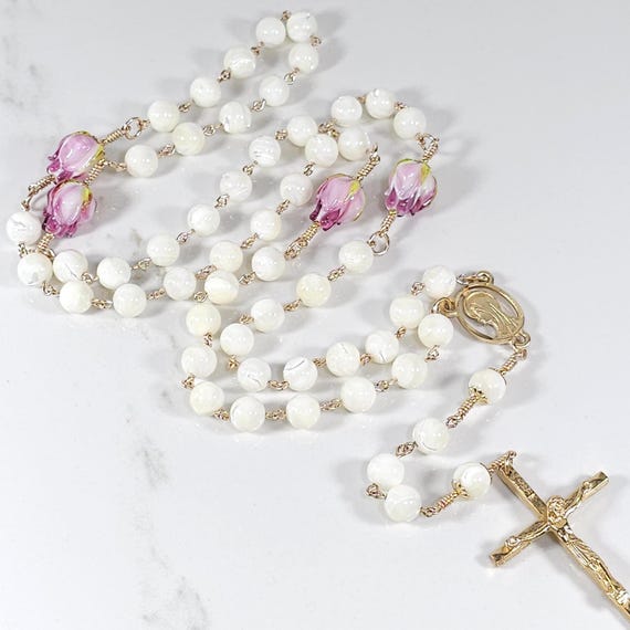 Mother of Pearl Rosary: Mystical Rose, Italian Pink Flower Glass