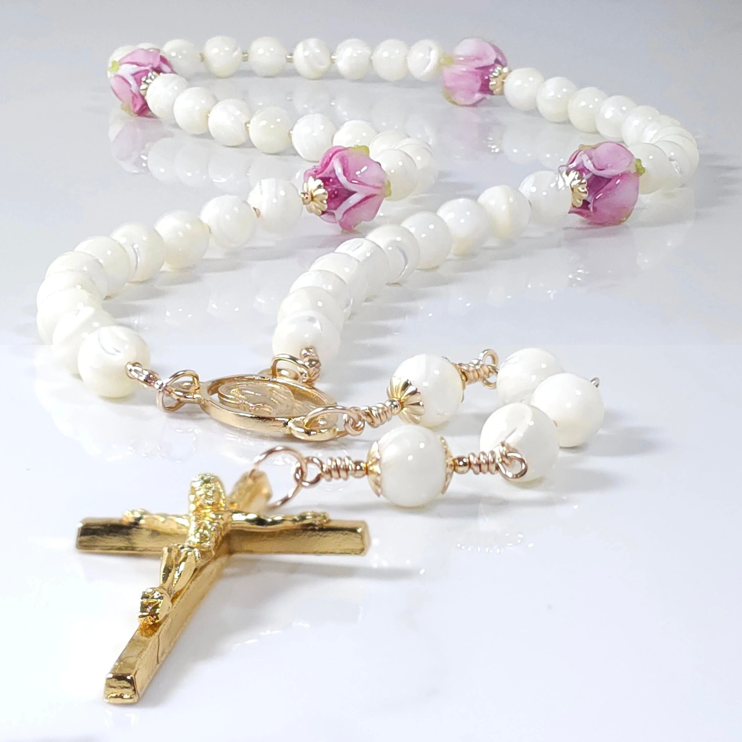 Mother of Pearl Rosary: Mystical Rose, Italian Pink Flower Glass