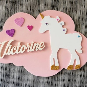 Pink cloud plate with unicorn and custom name