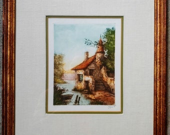 Mid Century Hand Colored Etching by J Bott, Mid Century Art, Vintage Etchings, J Bott Artist