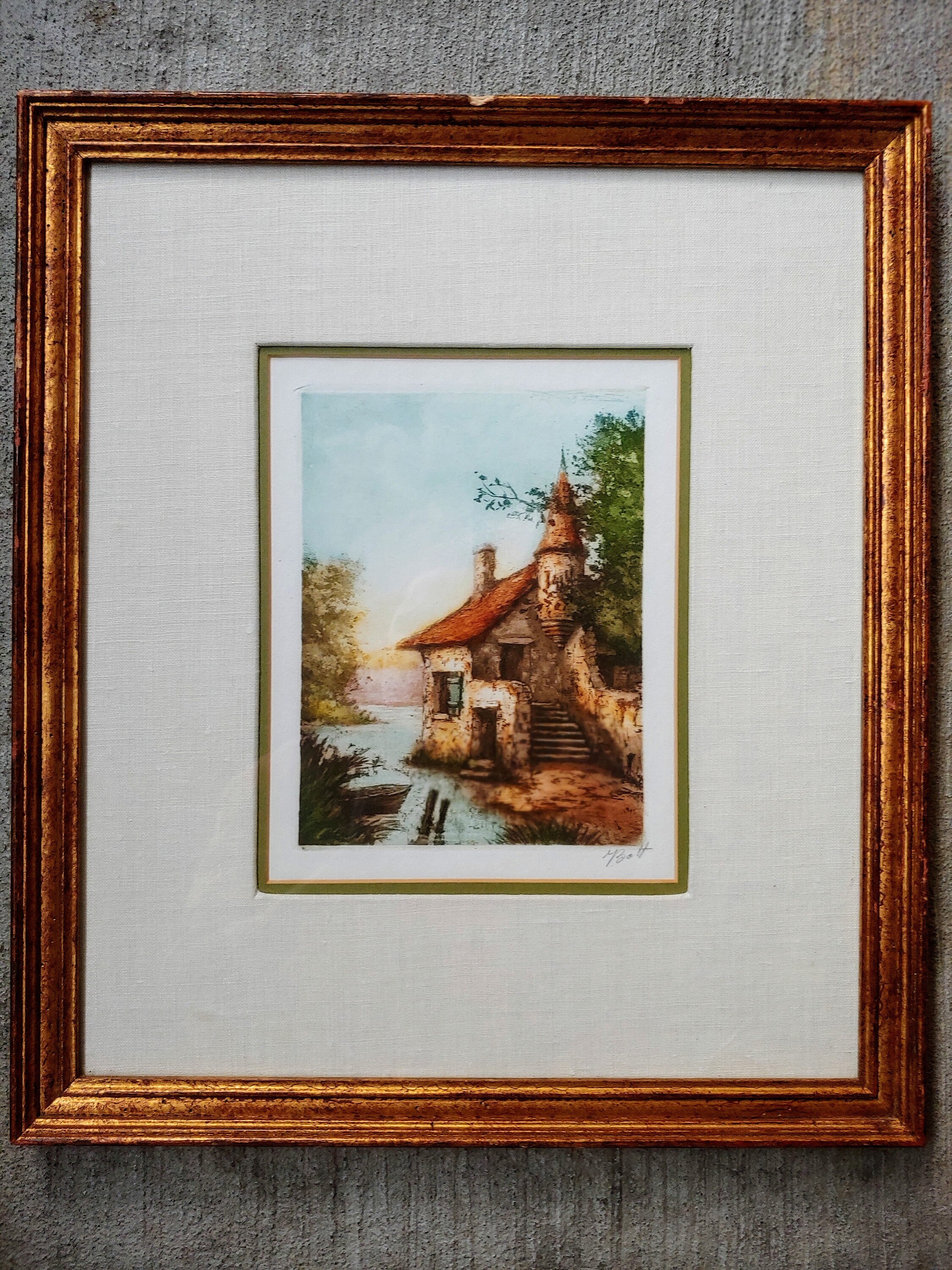 Mid Century Hand Colored Etching by J Bott, Mid Century Art