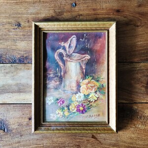 Vintage Green and Blue Framed Oil Painting of Flowers Large ...