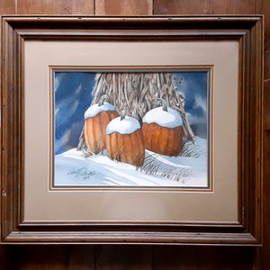 デイヴィッド・ウォリスのオリジナル水彩画：雪の中のカボチャ、額入りアート