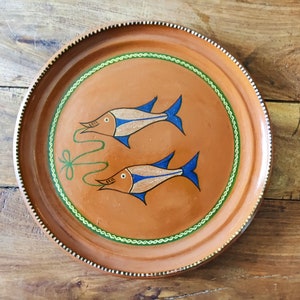 Vintage Mexican Art Pottery Fish Plate Michoacan Redware Mexican Folk Art Redware