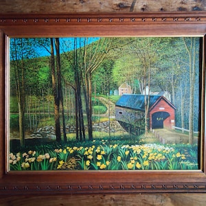 Vintage Oil on Canvas Painting by Nicholas Original Art California Art Covered Bridge Paintings Nicholas Artist