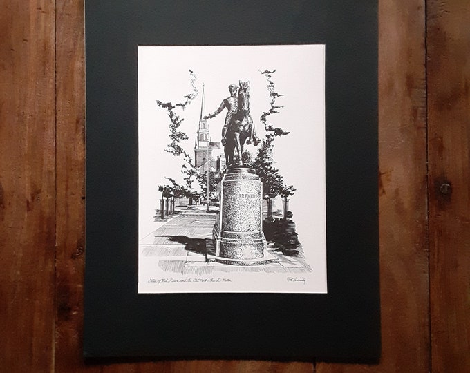 R E Kennedy Statue of Paul Revere and the Old North Church Boston Print