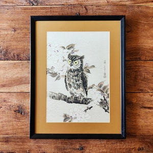 Gravure sur bois d'Eiichi Kotozuka, art original japonais, hibou et fleurs de cerisier estampes japonaises, artiste d'Eiichi Kotozuka