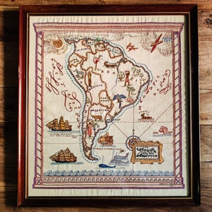 Vintage gestickte Karte von Südamerika Original Kunst Volkskunst Antike Karten Vintage Texas Art Dorothy Arney Künstler