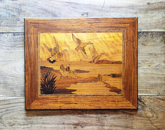 Antique Inlay Wood Art by WD Henke Original Art Inlay Wood Art