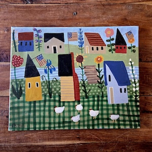 Folk Art Oil Painting Original Art Farm Painting Sunflowers Naive Art Primitive