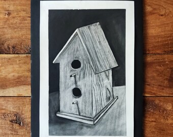 Charcoal on Paper Painting Original Art Birdhouse Folk Art Paintings