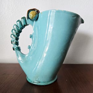 Mid Century Art Pottery Pitcher: Modernist Majolica, Signed 1950s