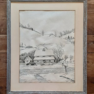Vintage Ink and Watercolor Painting, Original Painting, Original Art, Snowscape Painting, Forties Art, Automobile Art, Landscape Painting