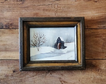 Vintage Folk Art Oil Painting Original Art Snowscape Paintings Watermill Paintings Folk Art Primitive