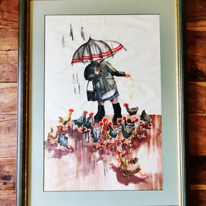 Vintage Watercolor Painting Original Art Girl With Umbrella Painting Japanese Art