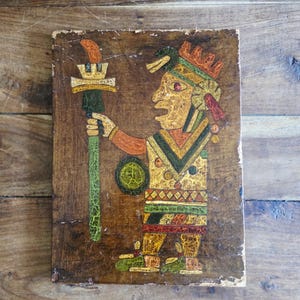 Antique Mayan Mixed Media Painting Original Art Mexican Folk Art Aztec Art Mayan Art