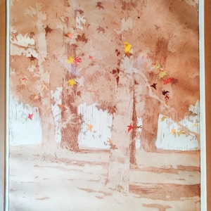 Mid Century Aquatint Etching Original Art Autumn Scene