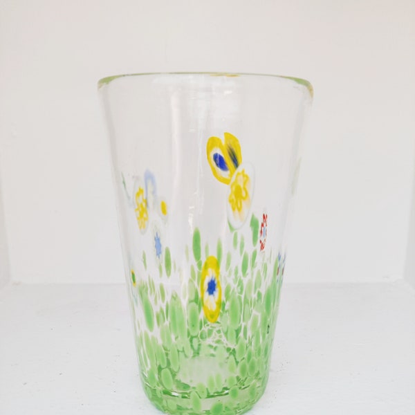 Vintage Leonardo Millefiori Murano Art Glass Tumbler Murano Glass Art Glass Italian Green Confetti