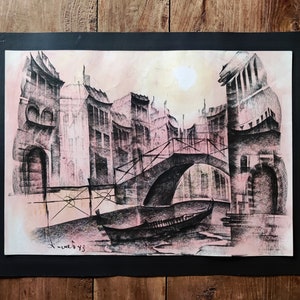 Mid Century Rialto Bridge Venice Charcoal and Pastel Painting Original Art Venetian Paintings Italian Art