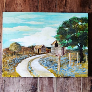 Vintage Texas Hill Country Oil Painting Original Art Vintage Texas Paintings Bluebonnet Paintings