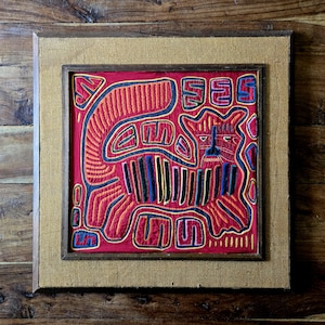 Mid Century Framed Panama Mola Textile Art Original Art Cat Art Kuna Yala Mola Panama Art