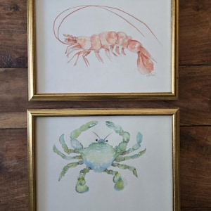 Vintage Shrimp & Crab Watercolor Paintings by BJ Totten (10x13 Framed)
