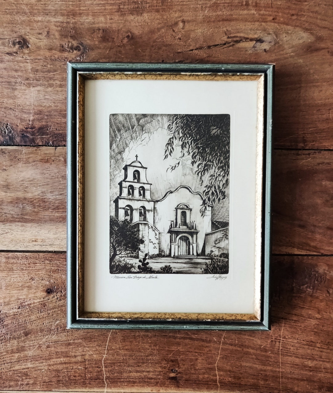 Antique Etching by Archie Vazquez Original Art California Art Mission San Diego De Alcala Etsy