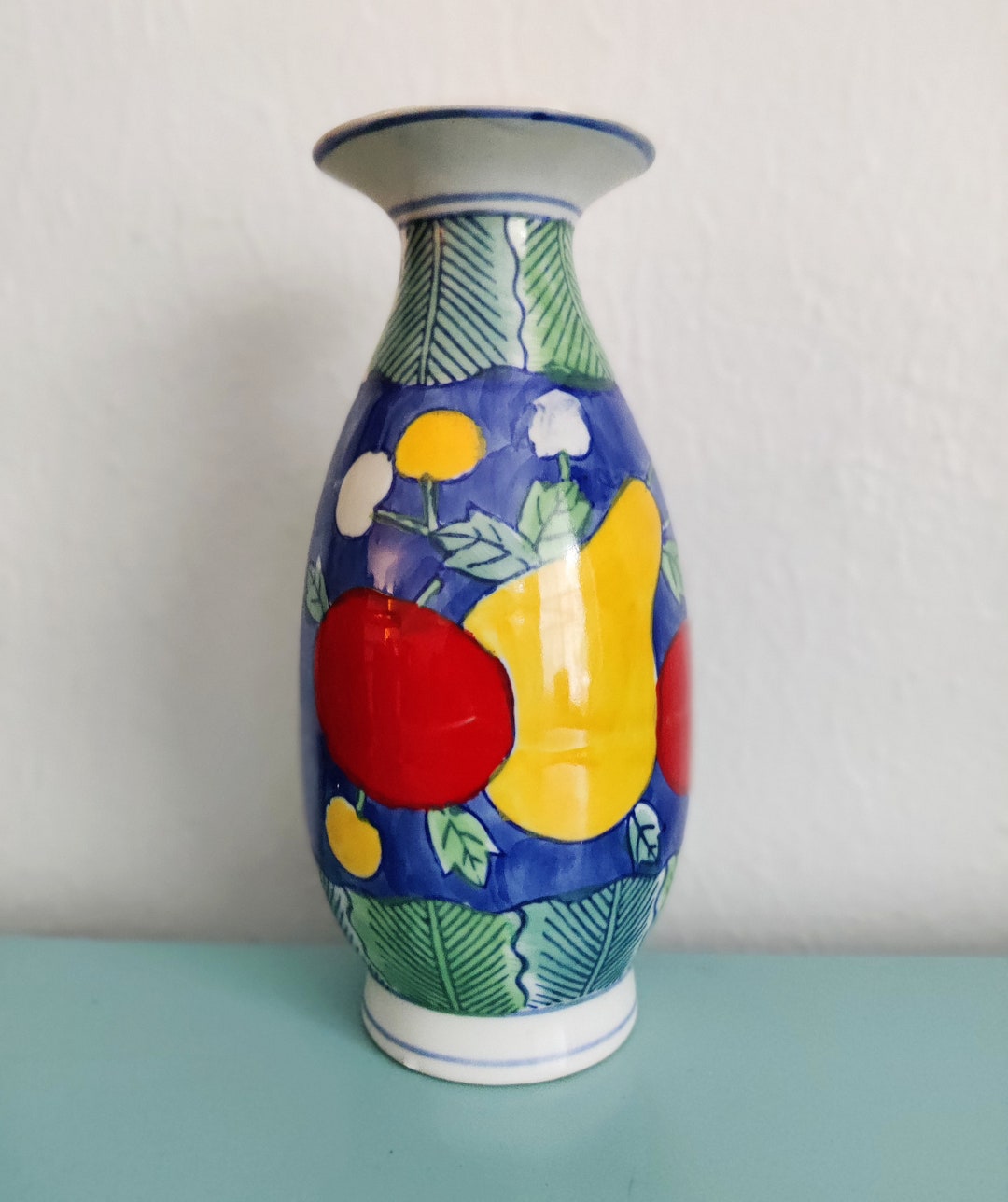 Vintage Chinese Ceramic Vase Chinoiserie Fruit Motifs Mid Century Art