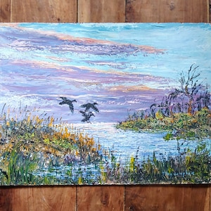 Vintage Duck Landscape Painting by Theo Campbell: Original Oil on Board Folk Art