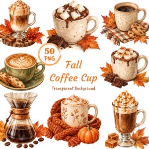 Può includere: Una collezione di illustrazioni ad acquerello raffiguranti varie tazze da caffè, mug e una caraffa in vetro decorate con elementi autunnali come foglie d'acero arancioni, bastoncini di cannella, zucche e marshmallow, con il testo 50 PNG Fall Coffee Cup.