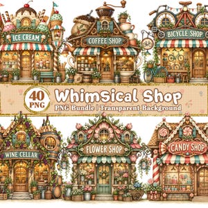Op de afbeelding: Een digitale collectie van 40 winkelillustraties, waaronder een ijssalon, koffiebar, fietsenwinkel, wijnkelder, bloemenwinkel en snoepwinkel. Elke winkelpui bevat gedetailleerde architecturale elementen, uithangborden en thematische decoraties.