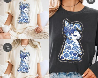 Happy Easter PNGs – Easter Bunny Floral Blue Chinoiserie, Christian “He Is Risen” Easter Shirt Design, Sublimation Instant Download