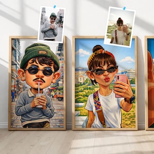 May include: Three framed cartoon portraits of people, each with a unique style. One features a man in a green beanie and sunglasses, holding a drink. Another shows a woman taking a selfie with a pink phone. The third is a close-up of a hand.