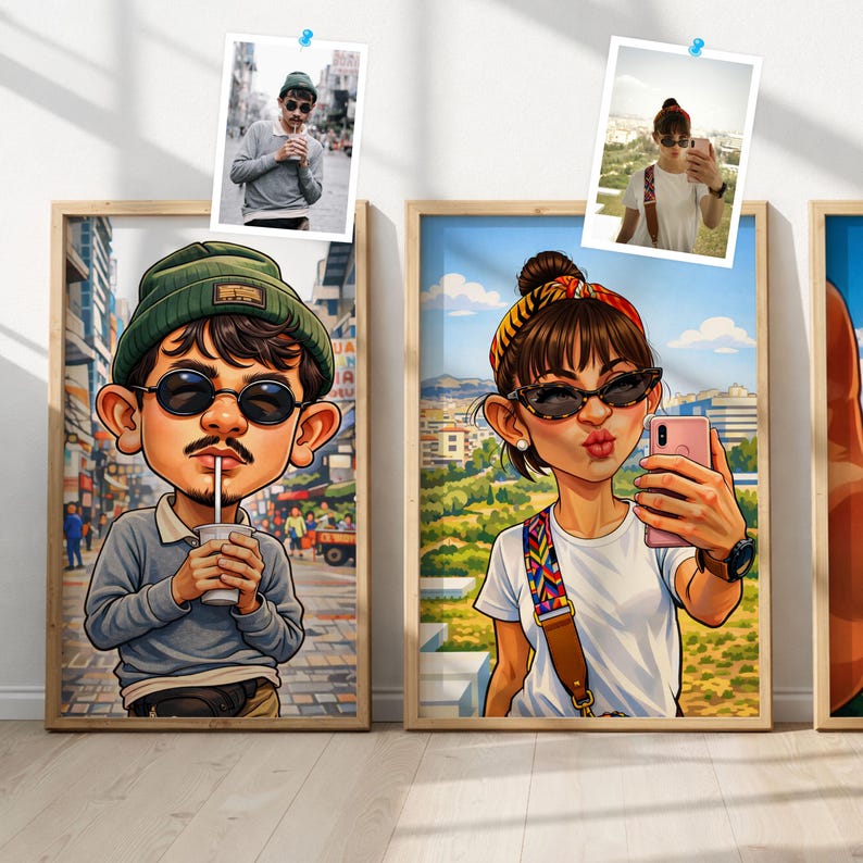 May include: Three framed cartoon portraits of people, each with a unique style. One features a man in a green beanie and sunglasses, holding a drink. Another shows a woman taking a selfie with a pink phone. The third is a close-up of a hand.
