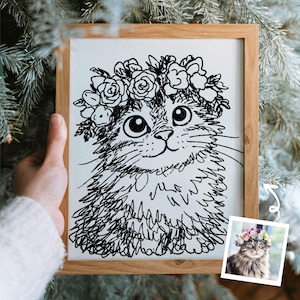 Könnte beinhalten: Eine gerahmte Schwarz-Weiß-Skizze einer Katze mit einem Blumenkranz. Die Katze hat große Augen und einen skurrilen Ausdruck. Der Rahmen ist hellbraun, und ein kleineres Foto der Katze mit dem Kranz befindet sich in der unteren rechten Ecke.