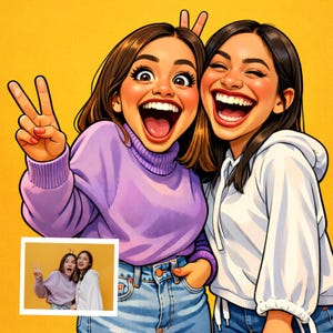 May include: Cartoon illustration of two smiling people with brown hair against a yellow background. One person wears a purple turtleneck and jeans, making a peace sign. The other wears a white hoodie and jeans.