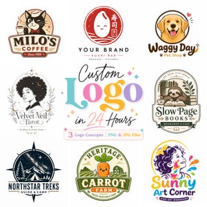 May include: A collection of eight diverse circular and oval logo designs featuring illustrations of a cat, sushi, dog, person, sloth, mountain landscape, carrot, and child, surrounding central text that reads Custom Logo in 24 Hours.
