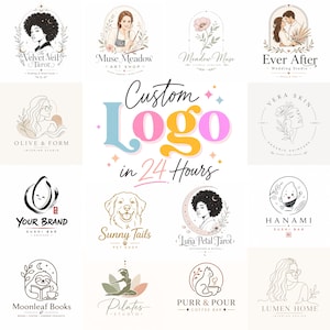 May include: A collection of twelve distinct logo designs featuring line art, illustrations of people, animals, and plants, with the central text Custom Logo in 24 Hours displayed in colourful, bold, and script typography against a white background.