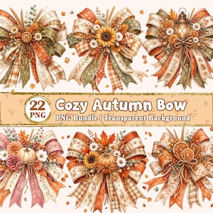 May include: A digital collection of 22 decorative autumn-themed bows featuring plaid, floral, and solid ribbons in orange, green, and cream colours. The designs include accents like sunflowers, pumpkins, lanterns, and dried wheat, labelled Cozy Autumn Bow.