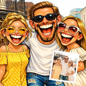 Könnte beinhalten: Animiertes Bild von drei lachenden Personen mit Sonnenbrillen. Die Person in der Mitte ist ein Mann mit Bart, der ein weißes T-Shirt und blaue Jeans trägt. Die beiden Frauen tragen gelbe und weiße Kleider. Ein kleineres Foto ist im Bild.