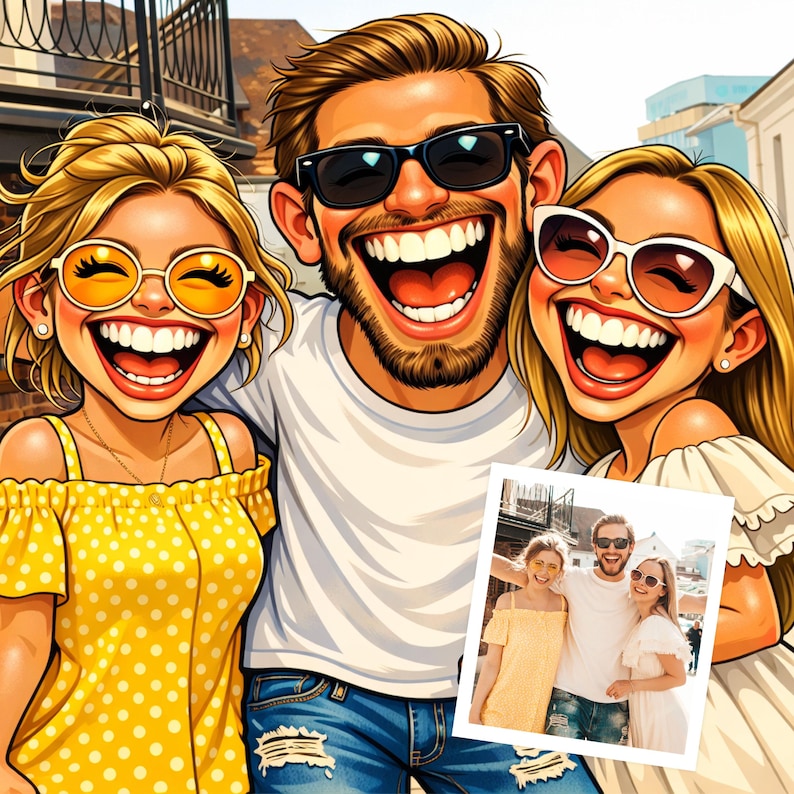 May include: An animated image of three people smiling and laughing, wearing sunglasses. The person in the middle is a man with a beard, wearing a white t-shirt and blue jeans. The two women are wearing yellow and white dresses. A smaller photo is in the image.