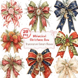 May include: A digital collection of 20 Christmas bow illustrations featuring various designs including red and white striped patterns, green ribbons with a bird, navy blue bows with moon charms, and bows decorated with nutcrackers, drums, and fruit.