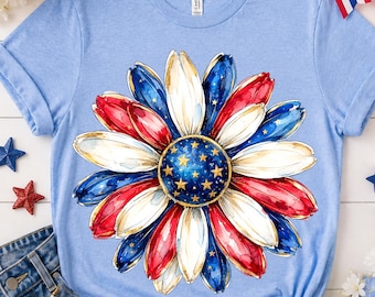 Patriotic Daisy Flower PNG, Red White Blue Watercolor Floral Design, 4th of July PNG, USA Flower Sublimation, Independence Day Shirt png
