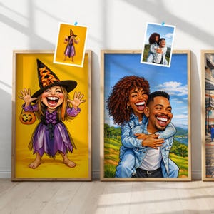 May include: Framed cartoon portraits of a witch in a Halloween costume and a couple embracing. The witch portrait features a girl in a purple dress and a black hat with orange accents, holding a jack-o'-lantern. The couple portrait shows a man carrying a woman on his back.