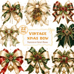 May include: A collection of decorative Christmas bows in various styles featuring red, green, and cream ribbons, holly berries, pinecones, and ornaments. The central text reads 22 PNG VINTAGE XMAS BOW Transparent Clipart Bundle.