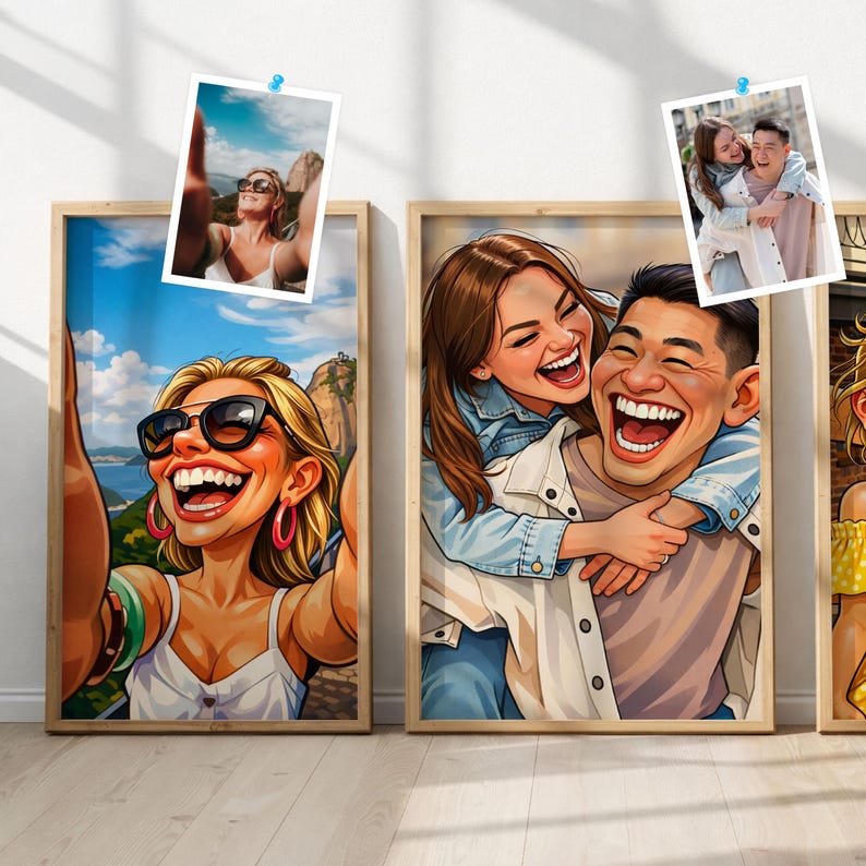 May include: Three framed art prints featuring cartoon illustrations of people laughing. One print shows a woman taking a selfie with sunglasses, another shows a couple laughing, and a third shows a woman smiling. Each print is in a wooden frame.