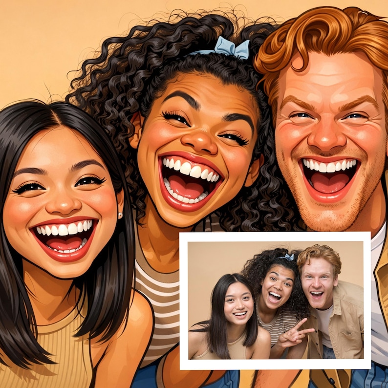 May include: Digital illustration of three people smiling widely, with a smaller image of the same people in the bottom right corner. The background is a solid light orange color.