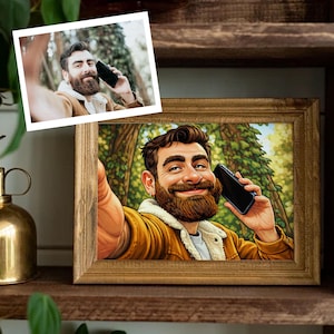 May include: A framed cartoon portrait of a man with a beard taking a selfie with a phone. The man is wearing a brown jacket with a white fur lining. The background is a forest scene.
