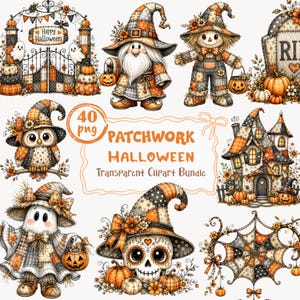 Puede incluir: Una colección digital de 40 ilustraciones de Halloween en patchwork que incluye un gnomo, un espantapájaros, un búho, un fantasma, una calavera, una casa encantada y una puerta. Los gráficos muestran patrones naranjas, negros y blancos.